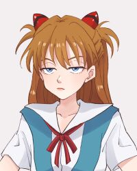 Rule 34 | 1girl, artist request, blue eyes, brown hair, expressionless, highres, long hair, looking at viewer, neon genesis evangelion, parted lips, school uniform, simple background, solo, souryuu asuka langley, tokyo-3 middle school uniform, tsundere, white background