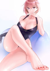 Rule 34 | 1girl, absurdres, azur lane, bare shoulders, black one-piece swimsuit, breasts, cl (summer sama), cleavage, closed mouth, crossed legs, duca degli abruzzi (azur lane), duca degli abruzzi (lustrous onyx sirenetta) (azur lane), feet, finger to own chin, foot focus, foreshortening, highres, inflatable chair, large breasts, legs, mechanical arms, nail polish, official alternate costume, one-piece swimsuit, pink hair, prosthesis, prosthetic arm, prosthetic hand, red eyes, red nails, short hair, single mechanical arm, sitting, smile, swimsuit, toes
