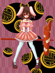 Rule 34 | 1girl, :p, animal ears, brown hair, rabbit ears, earrings, female focus, full body, hammer, inaba tewi, jewelry, kisaragi you, mary janes, red eyes, shoes, short hair, solo, standing, thighhighs, tongue, tongue out, touhou, wink