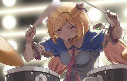 Rule 34 | 1girl, aki rosenthal, aki rosenthal (1st costume), blonde hair, blue jacket, braid, closed eyes, collared dress, commentary, detached hair, dress, drum, drum set, drumsticks, elbow gloves, frilled sleeves, frills, gloves, headgear, highres, holding, holding drumsticks, hololive, instrument, jacket, low twintails, microphone, motion blur, necktie, parted bangs, red necktie, shrug (clothing), smile, solo, symbol-only commentary, twin (tt lsh), twin braids, twintails, virtual youtuber, white gloves