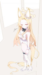 Rule 34 | 1girl, 4ba nana, absurdres, alternate costume, animal ear fluff, animal ears, arm across waist, bare shoulders, black ribbon, blonde hair, blue archive, blush, bow, breasts, bright pupils, closed mouth, commentary request, dated, detached collar, dutch angle, flower ring, footwear bow, forehead, fox ears, from above, from side, gradient eyes, gradient hair, hair bow, halo, head tilt, high heels, highres, leotard, long hair, looking at viewer, multicolored eyes, multicolored hair, neck ribbon, orange eyes, parted bangs, playboy bunny, ribbon, seia (blue archive), small breasts, solo, standing, tail, tail bow, tail ornament, thighhighs, thighs, very long hair, white bow, white footwear, white leotard, white pupils, white thighhighs, wrist cuffs, yellow eyes