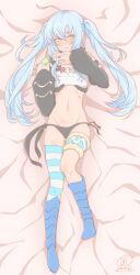 1girl bed black_panties blue_hair blue_nails blue_thighhighs blush bra cosplay jewelry long_hair lying milim_nava milim_nava_(cosplay) necklace ootori_karen panties rimuru_tempest stomach symbol-shaped_pupils tensei_shitara_slime_datta_ken thighhighs twintails underwear white_bra