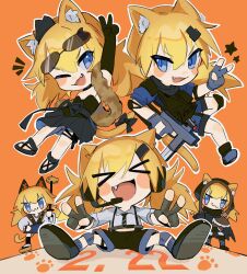 Rule 34 | &gt; &lt;, 5girls, :3, :d, animal ears, black dress, blonde hair, blue eyes, blush stickers, cat day, cat ears, cat tail, chesed (uporyz), chibi, clone, closed eyes, commentary, dress, english commentary, eyewear on head, fang, fingerless gloves, girls&#039; frontline, gloves, gun, highres, holding, holding gun, holding weapon, idw (cat in the box) (girls&#039; frontline), idw (cloak and cat ears) (girls&#039; frontline), idw (girls&#039; frontline), idw (mod3) (girls&#039; frontline), idw (roly-poly ninja cat) (girls&#039; frontline), mod3 (girls&#039; frontline), multiple girls, official alternate costume, one eye closed, open mouth, parker-hale idw, shorts, smile, sunglasses, tail, v, weapon