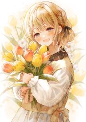 Rule 34 | 1girl, :d, black ribbon, blush, bouquet, braid, brown hair, cowboy shot, flower, from side, ginniroya, grey eyes, hair ribbon, head tilt, highres, holding, holding bouquet, hugging object, long bangs, long sleeves, looking at viewer, medium hair, open mouth, original, pink flower, pink tulip, pleated skirt, ribbon, shirt, sidelocks, simple background, skirt, smile, solo, sweater vest, tulip, twitter username, white background, white shirt, white skirt, yellow flower, yellow sweater vest, yellow tulip