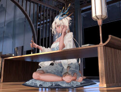 Rule 34 | 3d background, absurdres, barefoot, blurry, blurry foreground, blush, calligraphy brush, character request, cheese kang, copyright request, crossed legs, dark-skinned female, dark skin, dress, hair ornament, hand up, highres, horns, jpeg artifacts, long hair, paintbrush, pillow, red nails, sitting, white dress, white hair