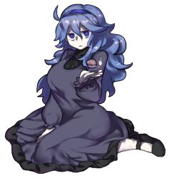Rule 34 | 1girl, aaaa (aaaa480), black footwear, blue eyes, blue hair, breasts, colored skin, commentary request, cookie (touhou), cosplay, cowlick, creatures (company), dress, fingernails, frilled dress, frills, frown, full body, game freak, grey dress, hair between eyes, hairband, hex maniac (pokemon), hex maniac (pokemon) (cosplay), kofji (cookie), large breasts, long bangs, long dress, long hair, looking at viewer, mary janes, messy hair, middle finger, nintendo, open mouth, poke ball, pokemon, pokemon oras, purple hairband, shoes, simple background, sitting, solo, transparent background, wariza, white skin