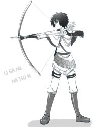 Rule 34 | 10s, 1boy, 2012, absurdres, arrow (projectile), belt, boots, bow (weapon), cape, character name, glasses, highres, male focus, monochrome, moxue qianxi, pants, shirt, short hair, simple background, solo, standing, tsuritama, usami natsuki, weapon