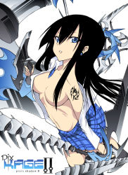 Rule 34 | 1girl, black hair, blade, blue eyes, censored, convenient censoring, daive, earrings, hair censor, hair over breasts, highres, jewelry, open clothes, open shirt, pixiv, pixiv shadow, plaid, plaid skirt, shirt, skirt, solo, tattoo, topless, weapon