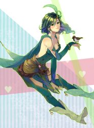 Rule 34 | 1990s (style), 1girl, bird, book, boots, bracelet, breasts, bridal gauntlets, cleavage, collarbone, earrings, feathers, final fantasy, final fantasy iv, green eyes, green hair, hair ornament, halu-ca, high heel boots, high heels, highres, jewelry, leaning forward, lips, long hair, matching hair/eyes, md5 mismatch, resolution mismatch, retro artstyle, rydia (ff4), smile, solo, source smaller, sparrow, wind