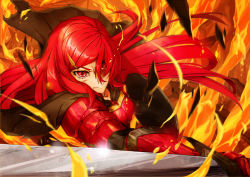 Rule 34 | 1girl, angry, armor, fire, fire, hair ornament, hairclip, long hair, looking at viewer, original, pixiv fantasia, pixiv fantasia fallen kings, red eyes, red hair, shanpao, shield, slit pupils, sword, weapon