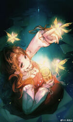 Rule 34 | 1girl, absurdres, arm up, braces, brown eyes, brown hair, creature on hand, curly hair, dark background, dress, fairy, from above, full body, glowing, grin, hand up, highres, holding, holding jar, jar, jewelry, light particles, long dress, long hair, long sleeves, looking at viewer, looking up, necklace, on ground, parted bangs, puffy long sleeves, puffy sleeves, red dress, reverse:1999, shirt, sitting, sleeveless, sleeveless dress, smile, solo, teeth, tooth fairy (reverse:1999), tooth necklace, weibo logo, weibo watermark, white shirt, yusi (weibo 1746298953)