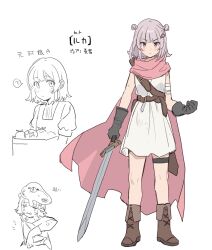 Rule 34 | 1girl, ?, alternate costume, alternate universe, bandaged arm, bandages, belt, black gloves, blush, boots, box, brown belt, cape, cevio, character name, character sheet, clenched hand, crossed bandaids, crying, determined, double bun, dress, fantasy, flipped hair, gloves, grey hair, hair bun, hair ornament, hairclip, hand up, highres, holding, holding box, holding sword, holding weapon, koharu rikka, lakiston, looking at viewer, partially colored, pinafore dress, pink cape, pink eyes, puffy short sleeves, puffy sleeves, ribbed shirt, scratches, sheath, shirt, short hair, short sleeves, shoulder belt, simple background, sleeveless, sleeveless dress, slime (creature), slime on head, spoken question mark, standing, sword, synthesizer v, teshima nari, thigh strap, tomato, translated, v-shaped eyebrows, weapon, white background, white tunic