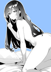 1girl absurdres all_fours blue_background blush breasts censored closed_mouth commentary_request completely_nude feet_out_of_frame greyscale_with_colored_background highres long_hair looking_at_viewer looking_to_the_side medium_breasts mole mole_under_eye mosaic_censoring nipples nude ogata_(ogt_illust) original outline pillow sidelocks simple_background smile solo swept_bangs v variant_set white_outline