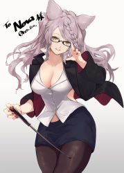 Rule 34 | 1girl, adjusting eyewear, alternate costume, animal ears, black jacket, blue skirt, braid, breasts, brown pantyhose, cleavage, clothing cutout, collared shirt, commission, contemporary, cowboy shot, fraux, glasses, gradient background, granblue fantasy, grey hair, hand up, highres, jacket, long hair, long sleeves, looking at viewer, medium breasts, nail polish, nos, open clothes, open jacket, open mouth, pantyhose, pencil skirt, pointer, popped collar, red nails, shirt, side cutout, skeb commission, skirt, smile, solo, twitter username, white shirt, yellow eyes