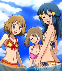 Rule 34 | 3girls, ass, bikini, blue eyes, blue hair, blush, breasts, brown hair, cleavage, creatures (company), dawn (pokemon), game freak, kuro hopper, long hair, looking at viewer, looking back, may (pokemon), multiple girls, navel, nintendo, one eye closed, open mouth, pokemon, pokemon (anime), pokemon dppt (anime), pokemon rse (anime), pokemon xy (anime), serena (pokemon), short hair, small breasts, smile, swimsuit