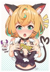 Rule 34 | 1girl, ahoge, animal ears, bare shoulders, bell, blonde hair, blush, bra, braid, breasts, cat ears, cat tail, collar, english text, green eyes, green nails, hair between eyes, hair ornament, hairclip, highres, laughing, looking down, millie parfait, mizmillificent, navel, nijisanji, nijisanji en, open mouth, shirt, short hair, signature, simple background, small breasts, solo, solo focus, surprised, tail, underwear, upper body, virtual youtuber