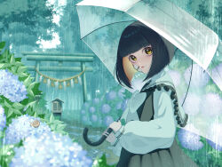 Rule 34 | 1girl, black hair, blonde hair, bow, colored inner hair, commentary request, dress, expressionless, flower, frilled sailor collar, frills, gauze, highres, holding, holding umbrella, hydrangea, large bow, long sleeves, looking at viewer, motida tamago, multicolored hair, nature, original, outdoors, parted lips, rain, sailor collar, sailor dress, scenery, short hair, snail, torii, transparent, transparent umbrella, two-tone hair, umbrella, upper body, yellow eyes