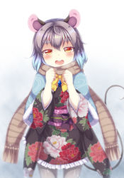 Rule 34 | 1girl, alternate costume, animal ears, black kimono, blush, bow, brown scarf, buck teeth, clenched hands, cowboy shot, floral print, fur-trimmed shawl, fur trim, gradient background, grey hair, grey pantyhose, hair between eyes, japanese clothes, jewelry, kimono, looking at viewer, mouse ears, mouse tail, nazrin, obi, open mouth, pantyhose, pendant, red eyes, sash, scarf, shawl, short hair, smile, solo, standing, tail, teeth, thick eyebrows, tomo takino, touhou, twitter username, white background, yellow neckwear