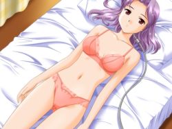 Rule 34 | 1girl, bed, bra, brown eyes, cable, game cg, kimiwo, lingerie, lying, non-web source, panties, purple hair, rocket no natsu, short hair, solo, underwear, underwear only, wire