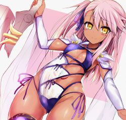 Rule 34 | 1girl, bad id, bad twitter id, breasts, casual one-piece swimsuit, chloe von einzbern, cosplay, cowboy shot, dark-skinned female, dark skin, detached sleeves, fate/grand order, fate/kaleid liner prisma illya, fate (series), long hair, looking at viewer, miyamoto musashi (fate), miyamoto musashi (fate/grand order), miyamoto musashi (swimsuit berserker) (fate), miyamoto musashi (swimsuit berserker) (fate) (cosplay), miyamoto musashi (swimsuit berserker) (third ascension) (fate), one-piece swimsuit, one side up, pink hair, sen (astronomy), small breasts, smile, solo, stomach tattoo, swimsuit, sword, tattoo, weapon, white one-piece swimsuit, yellow eyes