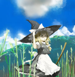 Rule 34 | 1girl, blonde hair, broom, cloud, day, female focus, hand on headwear, hat, kirisame marisa, poncho (poncho), sky, solo, touhou, witch, witch hat