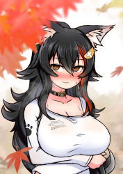 Rule 34 | 1girl, :3, animal collar, animal ear fluff, animal ears, arms under breasts, ashiga oreta, autumn, autumn leaves, black hair, blush, breast hold, breasts, collar, collarbone, crossed arms, embarrassed, flipped hair, hair between eyes, highres, hololive, large breasts, long hair, long sleeves, looking at viewer, multicolored hair, nervous, nervous smile, ookami mio, ookami mio (casual), red hair, shirt, smile, solo, streaked hair, sweat, upper body, very long hair, virtual youtuber, white shirt, wolf ears, wolf girl, yellow eyes