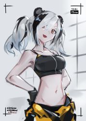 Rule 34 | 1girl, :d, animal ears, arknights, armpits, bare arms, bare shoulders, black gloves, black shirt, breasts, collarbone, crop top, dated, deel (rkeg), fang, feater (arknights), feater (dojo star) (arknights), gloves, grey hair, hair between eyes, hands on own hips, highres, large breasts, long hair, looking at viewer, midriff, multicolored hair, navel, official alternate costume, one-hour drawing challenge, open mouth, panda ears, red eyes, shirt, sleeveless, sleeveless shirt, smile, solo, spaghetti strap, stomach, twintails, two-tone hair, upper body