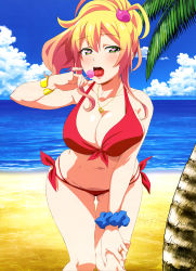 Rule 34 | 10s, 1girl, absurdres, beach, bikini, blonde hair, breasts, candy, cleavage, day, food, green eyes, hajimete no gal, heart, heart-shaped pupils, highres, jewelry, large breasts, leaning forward, licking, lollipop, nail polish, necklace, nyantype, official art, outdoors, palm tree, ponytail, red bikini, scrunchie, swimsuit, symbol-shaped pupils, tongue, tongue out, tree, wrist scrunchie, yame yukana