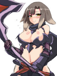 Rule 34 | 1girl, animal ears, bad id, bad pixiv id, blush, breasts, brown hair, closed mouth, cosplay, cosplay request, dog ears, flying sweatdrops, holding, holding weapon, kikimora (monster girl encyclopedia), large breasts, looking at viewer, monster girl, monster girl encyclopedia, murayama nakoto, navel, revealing clothes, short hair, simple background, smile, solo, standing, sweatdrop, upper body, weapon, white background, yellow eyes