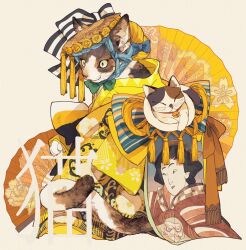 Rule 34 | animal, animal focus, back bow, bell, bow, bowtie, brown hat, cat, clothed animal, fine art parody, floral print, flower, folding fan, from side, full body, green bow, green bowtie, green eyes, hand fan, hat, hat flower, highres, japanese clothes, kimono, neck bell, nihonga, no humans, original, parody, slit pupils, solo, striped bow, tassel, tonbippo08, ukiyo-e, whiskers, yellow background, yellow kimono