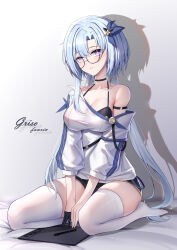 Rule 34 | 1girl, absurdres, aged up, alternate costume, artist name, bare shoulders, between legs, black bra, black choker, black gloves, black shorts, blue hair, bra, breasts, character name, chinese commentary, choker, cleavage, closed mouth, collarbone, commentary request, dated, english text, flower, full body, glasses, gloves, griseo, griseo (cosmic expression), hair flower, hair ornament, half gloves, halterneck, hand between legs, highres, honkai (series), honkai impact 3rd, large breasts, long hair, long sleeves, looking at viewer, no shoes, off-shoulder shirt, off shoulder, purple eyes, seiza, shadow, shirt, short shorts, shorts, sidelocks, signature, single glove, sitting, solo, thighhighs, thighs, underwear, very long hair, wariza, white shirt, white thighhighs, ying ling
