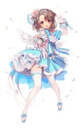 Rule 34 | blue dress, bow, bowtie, brown hair, collar, destiny child, dress, elbow gloves, flower, flower on head, frilled dress, frills, gloves, hair ornament, microphone, neptune (destiny child), pink eyes, tagme, thigh strap, thighhighs, transparent background, white legwear, white wings, wings