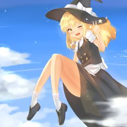 Rule 34 | 1girl, absurdres, bad id, bad pixiv id, blonde hair, bow, day, hat, hat bow, highres, kirisame marisa, one eye closed, open mouth, septet (zrca janne), sky, solo, star (symbol), touhou, v, witch hat, yellow eyes