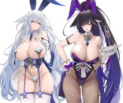 2girls absurdres adapted_costume alternate_costume animal_ears azur_lane bare_shoulders black_hair blue_eyes blue_nails blush breasts brown_eyes cleavage collarbone cup detached_collar detached_sleeves dishwasher1910 drinking_glass facial_mark fake_animal_ears fingernails fishnet_pantyhose fishnets fox_ears fox_girl garter_straps gloves gluteal_fold gradient_hair highleg highleg_leotard highres large_breasts leotard long_hair long_sleeves looking_at_viewer magatama multicolored_hair multiple_girls musashi_(azur_lane) musashi_(the_purple_rabbit&#039;s_marksmanship)_(azur_lane) nail_polish navel nipple_tassels official_alternate_costume one_eye_closed open_mouth pantyhose pasties playboy_bunny ponytail purple_hair purple_leotard rabbit_ears shinano_(azur_lane) simple_background thigh_gap thighhighs thighs tray variant_set very_long_hair white_background white_gloves white_hair white_sleeves white_thighhighs