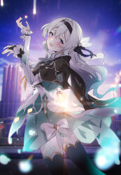 Rule 34 | 1girl, :d, absurdres, aqua skirt, black capelet, black hairband, black jacket, black thighhighs, capelet, cowboy shot, crying, crying with eyes open, firefly (honkai: star rail), grey hair, hairband, highres, honkai: star rail, honkai (series), jacket, long hair, neckerchief, open mouth, pink eyes, rosem lin, shirt, skirt, smile, solo, tears, thighhighs, white shirt, yellow neckerchief