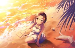 Rule 34 | 10s, 1girl, arm support, artist request, beach, blush, bracelet, brown eyes, brown hair, idolmaster, idolmaster cinderella girls, idolmaster cinderella girls starlight stage, jewelry, kawashima mizuki, long hair, necklace, official art, outdoors, sand, solo, stick, water