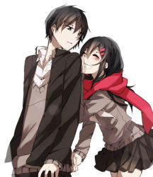 Rule 34 | 1boy, 1girl, arm behind back, black hair, blush, closed eyes, covering own mouth, enpera, hair ornament, hairclip, hand over own mouth, happy, hetero, highres, holding hands, kagerou project, kisaragi shintarou, long hair, red scarf, scarf, school uniform, short hair, smile, tateyama ayano, usoyana