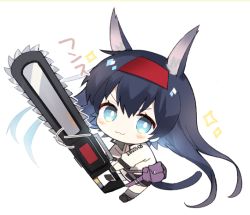 Rule 34 | 1girl, :3, animal ears, arknights, bad id, bad pixiv id, black footwear, black gloves, black hair, blaze (arknights), blush, boots, cat ears, cat girl, cat tail, chainsaw, chibi, closed mouth, full body, gloves, grey legwear, hair between eyes, hairband, holding, jacket, long hair, red hairband, simple background, solo, sparkle, tail, toufu mentaru zabuton, translation request, v-shaped eyebrows, very long hair, white background, white jacket