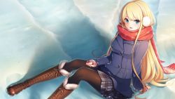 Rule 34 | 1girl, :d, aqua eyes, arm support, bethly rose daisley, blonde hair, blush, boots, brown footwear, coat, cross-laced footwear, earmuffs, fur-trimmed boots, fur trim, game cg, gin&#039;iro haruka, knee boots, koizumi amane, long hair, open mouth, pantyhose, plaid, plaid skirt, pleated skirt, scarf, sitting, skirt, smile, snow, solo, very long hair, winter clothes