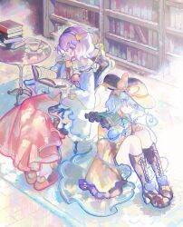 Rule 34 | 2girls, absurdres, armchair, black footwear, black hairband, black headwear, blouse, blue shirt, book, book stack, bookshelf, boots, bow, carpet, chair, commission, commissioner upload, cross-laced footwear, cup, frilled shirt collar, frilled sleeves, frills, full body, green eyes, green hair, green skirt, hair between eyes, hair ornament, hairband, hand on own knee, hat, hat bow, heart, heart hair ornament, heart of string, highres, hinasumire, holding, holding book, indoors, komeiji koishi, komeiji satori, long sleeves, looking at another, multiple girls, non-web source, on chair, on floor, pink footwear, pink skirt, purple eyes, purple hair, saucer, shirt, siblings, sisters, sitting, skeb commission, skirt, slippers, table, teacup, third eye, touhou, wide sleeves, yellow bow, yellow shirt