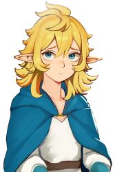 Rule 34 | 1girl, blonde hair, blue capelet, blue eyes, capelet, dungeon meshi, elf, fionil (dungeon meshi), flipped hair, ginji74, hair between eyes, light blush, light frown, medium hair, pointy ears, robe, simple background, solo, upper body, white background, white robe