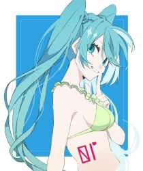 Rule 34 | 1girl, alternate costume, arm at side, armpit crease, bikini, blue background, blue eyes, blue hair, bodypaint, border, breasts, commentary, dot nose, eiku, eyelashes, eyes visible through hair, finger to cheek, fingernails, frilled bikini, frills, from side, green bikini, hand up, hatsune miku, head tilt, heart, highres, index finger raised, light smile, long hair, looking at viewer, medium breasts, multicolored hair, pale skin, parted lips, sideboob, simple background, solo, sparkle, square, stomach, swimsuit, tareme, teeth, twintails, two-tone hair, upper body, very long hair, vocaloid, white background, white border