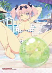 Rule 34 | + +, 1girl, ;p, arm behind back, arm behind head, arm up, armpits, ball, bare shoulders, beachball, bikini, black bow, blue sky, blush, bow, breasts, cleavage, cloud, cloudy sky, collarbone, day, groin, hair bow, halterneck, hibari (senran kagura), highres, horizon, large breasts, legs up, looking at viewer, navel, non-web source, ocean, official art, one eye closed, outdoors, page number, pink hair, polka dot, polka dot bikini, polka dot swimsuit, reclining, senran kagura, short twintails, sitting, sky, smile, soles, solo, spread legs, stomach, swimsuit, symbol-shaped pupils, tongue, tongue out, translation request, tree, twintails, water, yaegashi nan