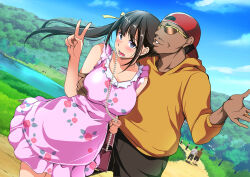 Rule 34 | 1girl, bag, black eyes, black hair, blush, grabbing another&#039;s breast, breasts, carrying over shoulder, cloud, day, dress, embarrassed, eyebrows hidden by hair, facial hair, feet out of frame, frilled dress, frills, grabbing, handbag, hat, highres, large breasts, legs, long hair, looking at viewer, mustache, open mouth, original, outdoors, river, seichi junrei ntr ~paripi to otacir no kanojo~, sky, standing, sunglasses, taira issui, thighs, tree, twintails, v, water