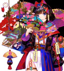 Rule 34 | 1girl, belt, black hair, black jacket, blue eyes, branch, colorful, cowboy shot, dress, flower, folding fan, fox mask, fuzichoco, hand fan, hat, highres, holding, jacket, long sleeves, looking at viewer, mask, nail polish, open clothes, open jacket, open mouth, original, pink flower, red nails, short hair, smile, solo, tassel, white dress