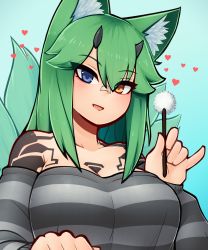 Rule 34 | 1girl, absurdres, animal ears, bare shoulders, blue eyes, blush, borrowed character, breasts, brown eyes, collarbone, commission, d-floe, fox ears, fox girl, green hair, grey sweater, heterochromia, highres, horns, large breasts, long hair, long sleeves, looking at viewer, mimikaki, off-shoulder sweater, off shoulder, open mouth, original, smile, solo, striped clothes, striped sweater, sweater, tsutsune (pyobbo)