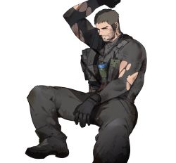 Rule 34 | 1boy, bara, beard, black bodysuit, black gloves, bodysuit, chris redfield, dirty, dirty face, facial hair, foot out of frame, gloves, highres, huan shi tian tong, looking at viewer, male focus, mature male, muscular, muscular male, resident evil, resident evil 5, short hair, sideburns, solo, spread legs, thighs, torn bodysuit, torn clothes, white background