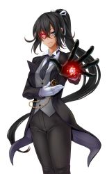 Rule 34 | 00s, 1girl, black hair, black necktie, blue eyes, breasts, butler, buttons, closed mouth, cowboy shot, crossdressing, cyborg, dark-skinned female, dark skin, expressionless, female butler, female focus, foreshortening, formal, fuuma amane, gloves, glowing, glowing eye, glowing eyes, hair between eyes, hair ribbon, heterochromia, high ponytail, highres, holding, long hair, long sleeves, looking at viewer, necktie, official art, open clothes, outstretched arm, pants, pocket watch, ponytail, prosthesis, prosthetic arm, red eyes, ribbon, shindol, simple background, single glove, solo, standing, suit, tailcoat, taimanin (series), taimanin asagi, taimanin asagi kessen arena, tsurime, very long hair, waistcoat, watch, white background, white gloves, white ribbon
