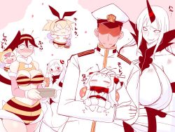 Rule 34 | &gt; &lt;, 10s, 1boy, 6+girls, :3, = =, > <, abyssal ship, admiral (kancolle), airfield princess, antennae, bee costume, bikini, black hair, blonde hair, blush, breasts, brown hair, chibi, claws, cleavage cutout, clothing cutout, collar, comic, commentary request, detached sleeves, dress, embarrassed, epaulettes, closed eyes, fake wings, hairband, hat, headpat, hidden eyes, high collar, horns, houshou (kancolle), huge breasts, kantai collection, large breasts, long hair, long sleeves, military, military hat, military uniform, multiple girls, northern ocean princess, open mouth, peaked cap, pink background, ponytail, rensouhou-chan, sako (bosscoffee), sanpaku, seaport water oni, shimakaze (kancolle), short hair, shorts, single horn, sweater, sweater dress, swimsuit, translation request, uniform, white background, white hair, wide sleeves, wings, x3, yukikaze (kancolle)
