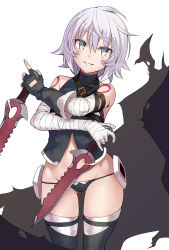 Rule 34 | 1girl, bad id, bad twitter id, bandaged arm, bandaged hand, bandages, black panties, dual wielding, fate/apocrypha, fate/grand order, fate (series), fingerless gloves, gloves, gluteal fold, green eyes, grey hair, groin, highres, holding, jack the ripper (fate/apocrypha), knife, orochi itto, panties, scar, scar across eye, scar on face, short hair, smile, solo, thighhighs, thighs, underwear, white background